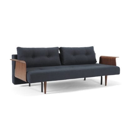 dark blue sofa bed with wooden ends