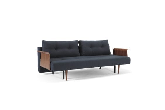 dark blue sofa bed with wooden ends