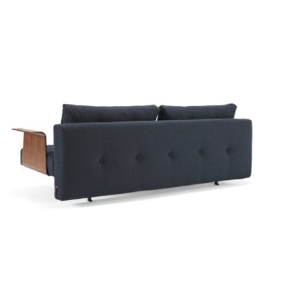 blue sofa bed with wooden arms
