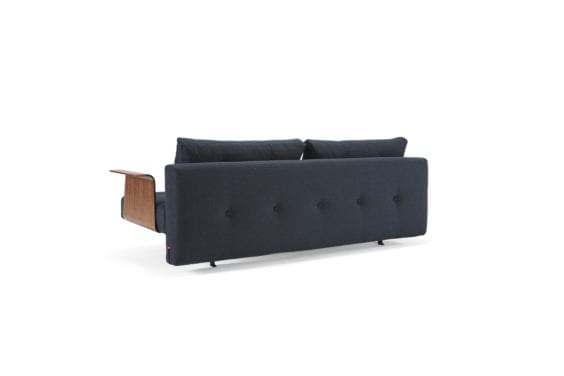 blue sofa bed with wooden arms