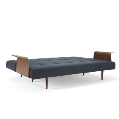 blue sofa bed with wooden arms