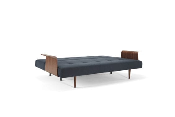 blue sofa bed with wooden arms