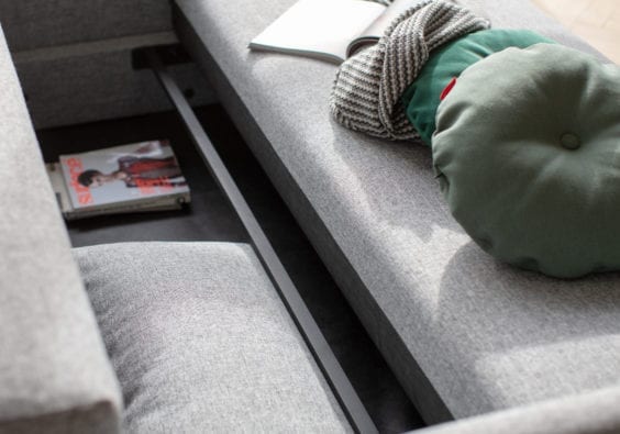 grey sofa with bottom compartment